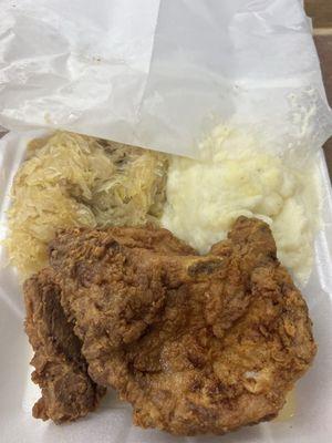 Pork chops, creamed potatoes and darn good kraut!!