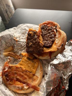 Son of baconator with 1 patty broken in half & stacked to seem like a double. RIP OFF!!!