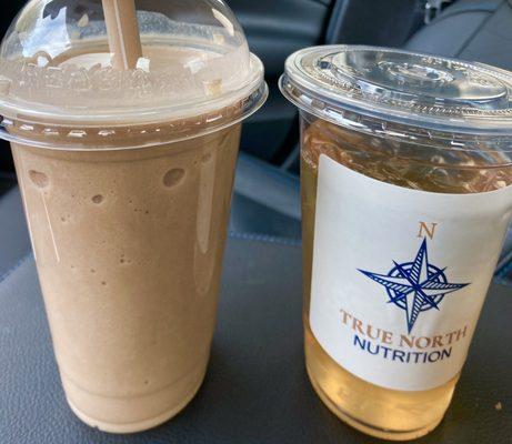 Shakes come with a complimentary green and black fruit based tea - both of which have been partially consumed in this photo