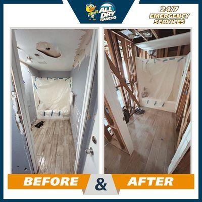 Severe water damage to the downstairs bathroom ceiling and walls.