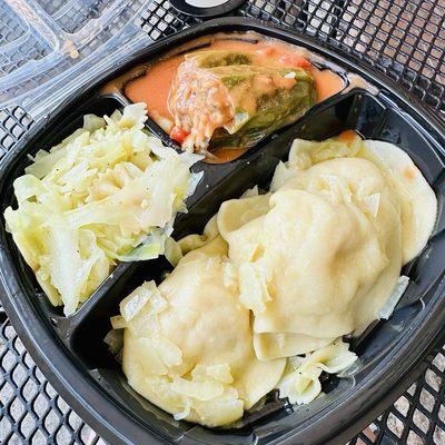 #7 meal (potato-cheese pierogies, haluski, stuffed pepper)