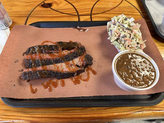 Brisket, baked beans, slaw