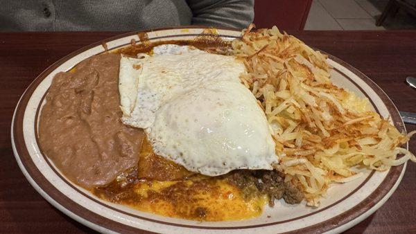 Breakfast Enchiladas y huevos with hash browns