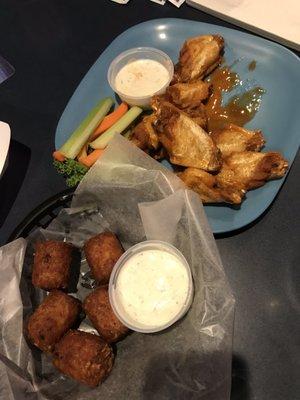 Cheesy Bacon tots and Wings ($11)