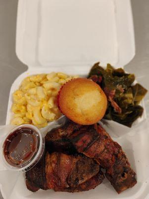 Bbq Ribs with Mac n' Cheese, Collard Greens and Cornbread Muffin.
