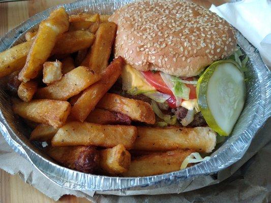 7 oz. Burger with American cheese, side of jersey fries