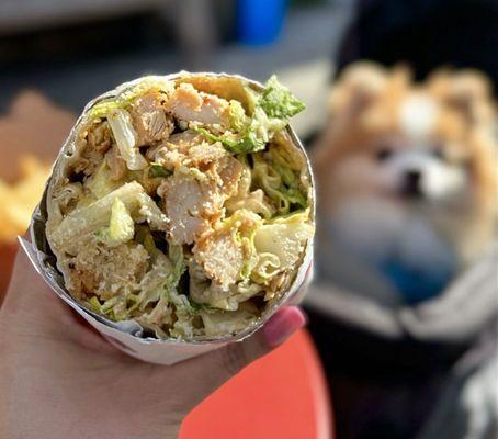 Chopped Caesar Salad Wrap w/ lemon pepper crusted chicken, lettuce, parm, delia fattoria croutons | $18 (sub chips for fries)
