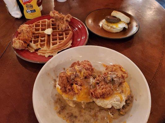 All in bowl, waffle and chicken, sausage egg and cheese sandwich and biscuit