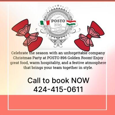 Book your holiday party at Posto 896 Italian and Hungarian Cuisine! Call 424-415-0611