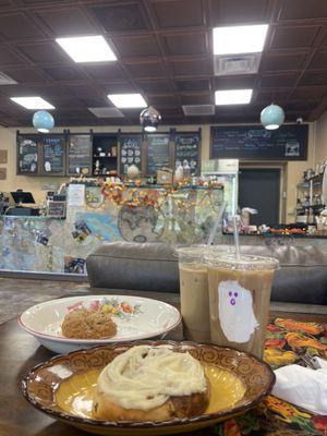 Cinnamon Roll, GF apple fritter, iced vanilla latte, and Witches Brew (seasonal)