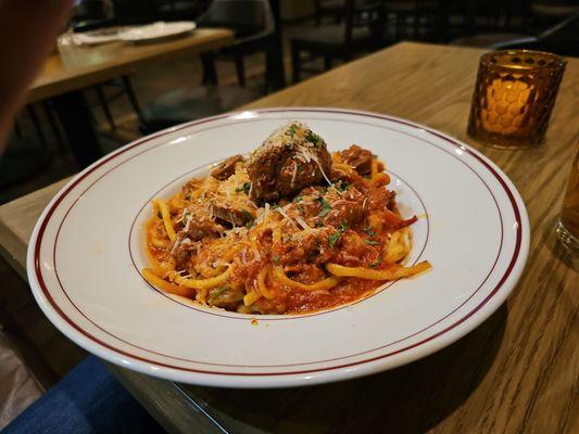 Bucatini and spicy meatballs