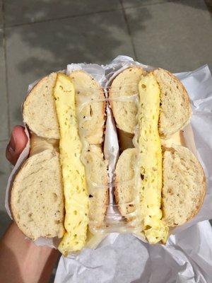 Salt bagel with egg and Swiss cheese - a solid amount of food for $3.59