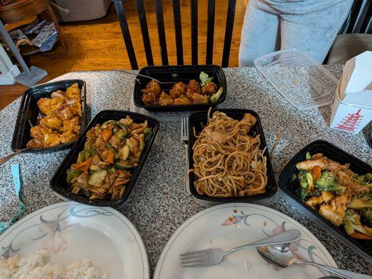 Take out. Lo Mein, General Tsoa, Sesame chicken, chicken & broccoli, Kung Pao Chicken