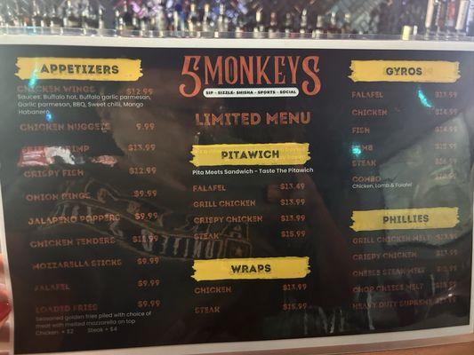5 Monkeys Menu