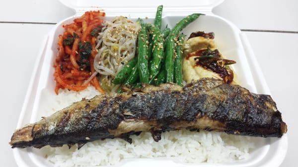 Kimchi, mung bean sprouts, green beans, tofu, grilled fish over rice