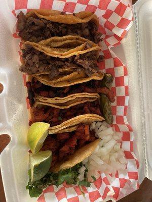 Tacos de Asada on the left and al pastor on the right