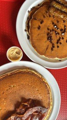 Chocolate chip pancakes, plain pancakes, bacon, sausage and maple cream