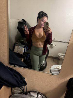 Excuses the bathroom. Was at an auto shop bathroom, but this a week before I started my treatments and the after is the brown yoga pants