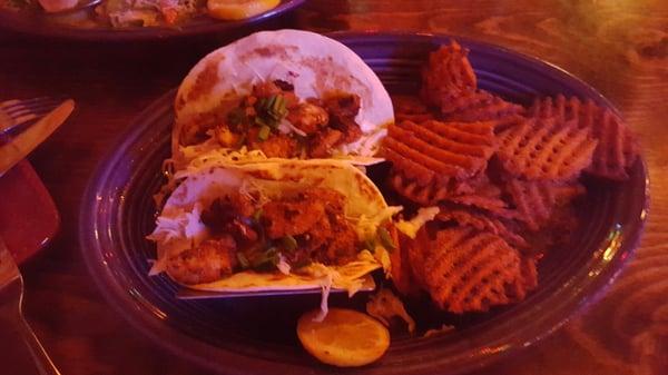 Grilled grouper tacos with sweet potatoe waffle fries