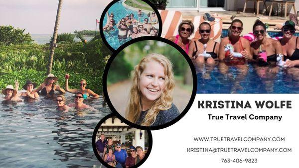 contact information for Kristina. With over 25 years of experience in the travel industry, she can help with any worldwide getaways