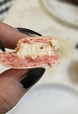 Strawberry Pink Peppercorn macaron - real chunks of strawberry in the filling!