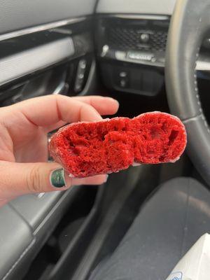 Beautiful interior of red velvet cake donut!