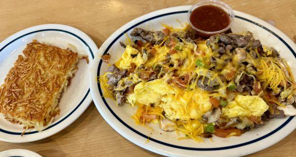 Big Steak Omelette with hash browns