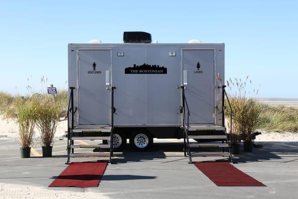 One of four of Nauset Disposal's Elegant Restroom Trailers, The Bostonian. Perfect for your next wedding or event!