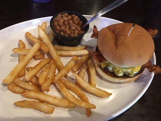 BBQ bacon cheeseburger with baked beans and fries