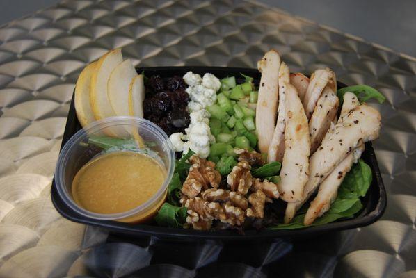 Asian Pear-Apple and Chicken Salad with a freshly prepared walnut oil and orange vinaigrette dressing.