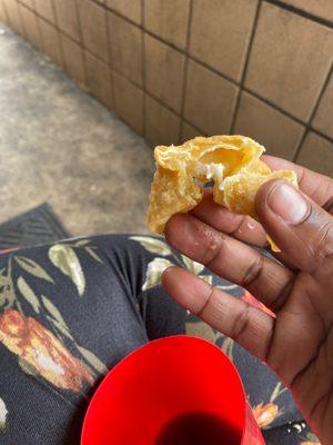 1 bite of my crab Rangoon. No crab. No cream cheese