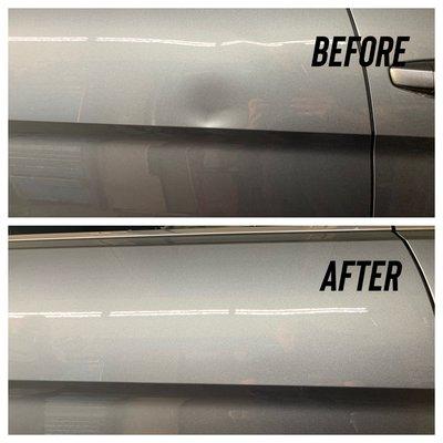 Deep dent removed from a door on VW Tiguan with Paintless dent repair method