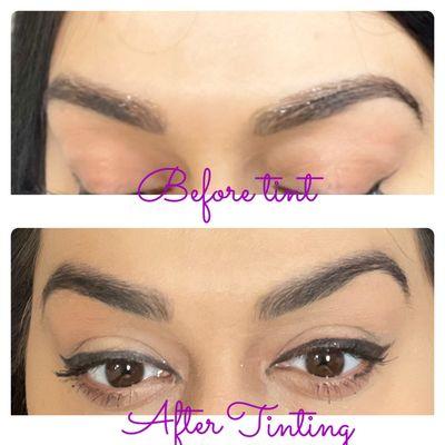 Tinted eyebrows shaped with threading