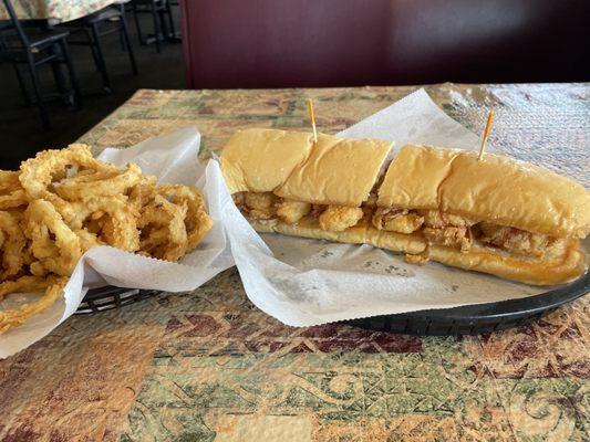Onion rings and bacon wrapped shrimp