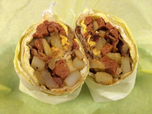Bacon and Hotlink Burritos with New Seasoned Potatoes