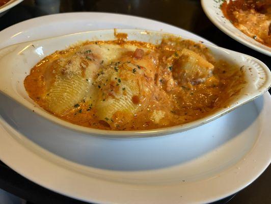 Stuffed shells with pink sauce, always a favorite,