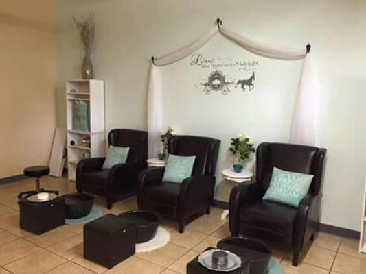 Try a Happily Ever After pedicure or Pamper My Queen package which includes a pedicure, neck rub, and glass of wine.