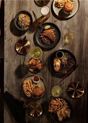 A showcase of our menu featuring sandwiches, composed entrees and shareable items.