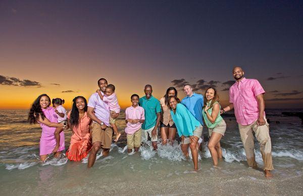 Naples Family Beach Portrait at Sunset with portable studio strobes to optimize light.