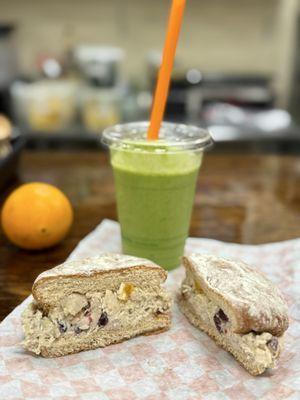 Emerald elixir, smoothie and honey nut fruit chicken salad sandwich