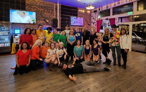 Representing the colors of the rainbow and line dancing Queen's Waltz to Rainbow Connection.