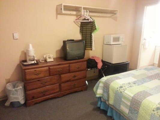 As you can see, you get a coffee maker, TV (with cable), microwave, and mini-fridge.