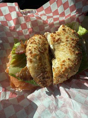 Smoked Salmon BLT on Asiago bagel
