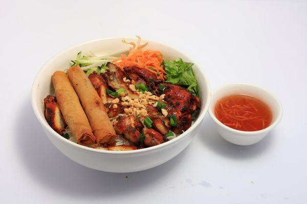 #70 Vermicelli with grilled chicken and eggrolls with homemade fish sauce