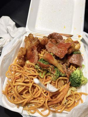 Chowmein, broccoli beef and orange chicken