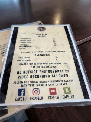 Food Menu as of October 2025