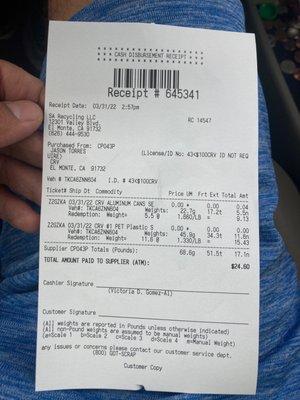 5.5 lbs of cans & 11.5 lbs of plastic for $25 on 3/31/2022