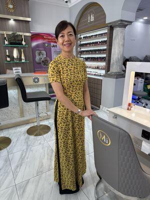 Meet the owner. In traditional Vietnamese outfit to celebrate lunar New Year.