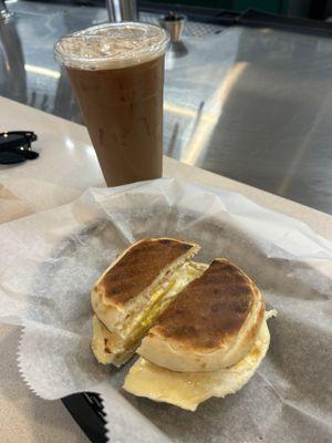 Large cold brew with oat milk + "the basic" egg and cheese on Portuguese bread. Both were outstanding.