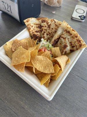Chicken quesadilla.  Needed to ask for salsa and sour cream.  The fries (not pictured) were awesome.